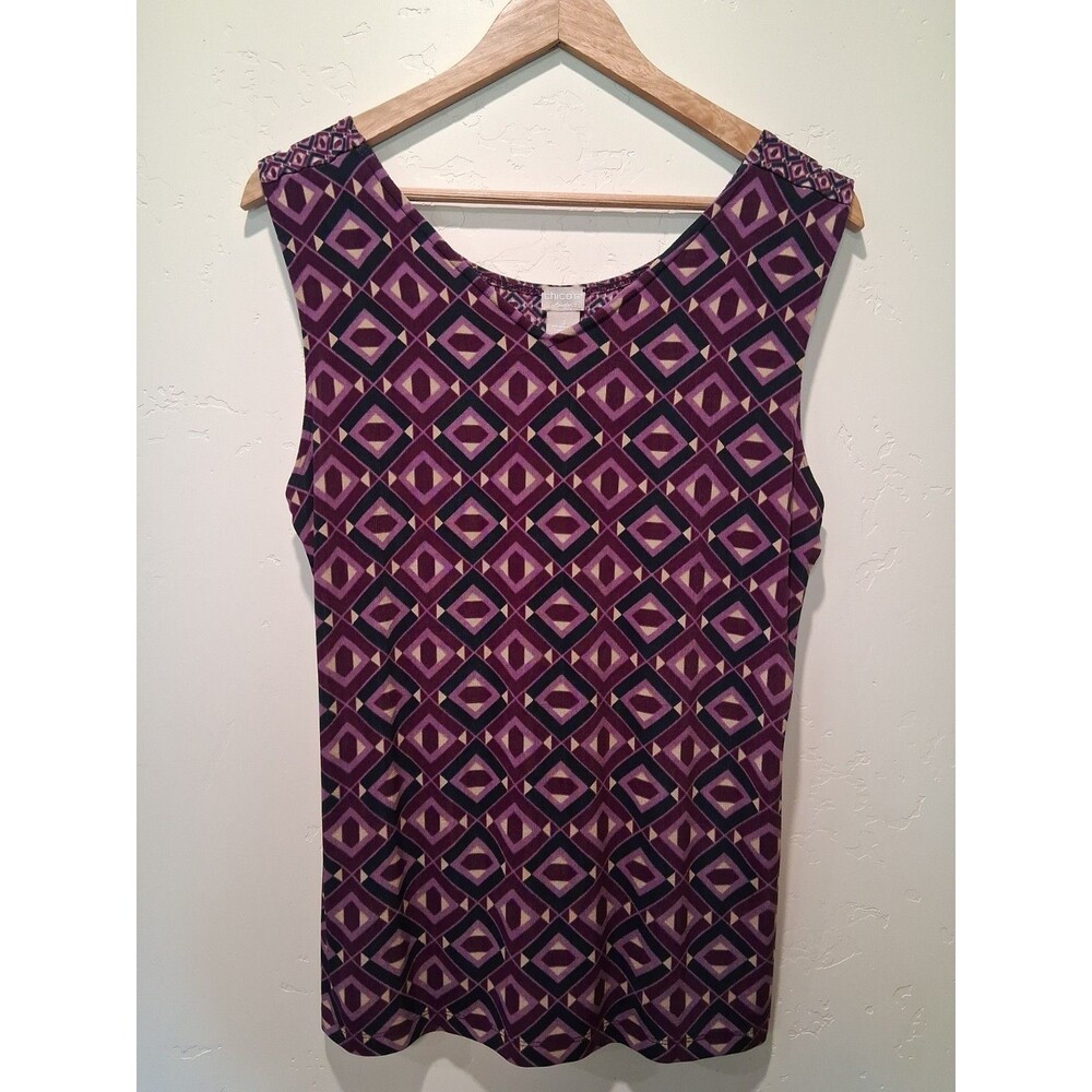 Chico's Sz 12/14 (Size 2) Reversible Purple Geometric Sleeveless V-Neck Slinky